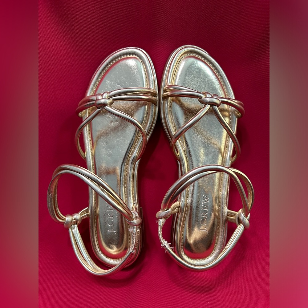 New J Crew Gold Strappy Goddess Knotted Tubular Ankle Strap Flat Sandals Size 7